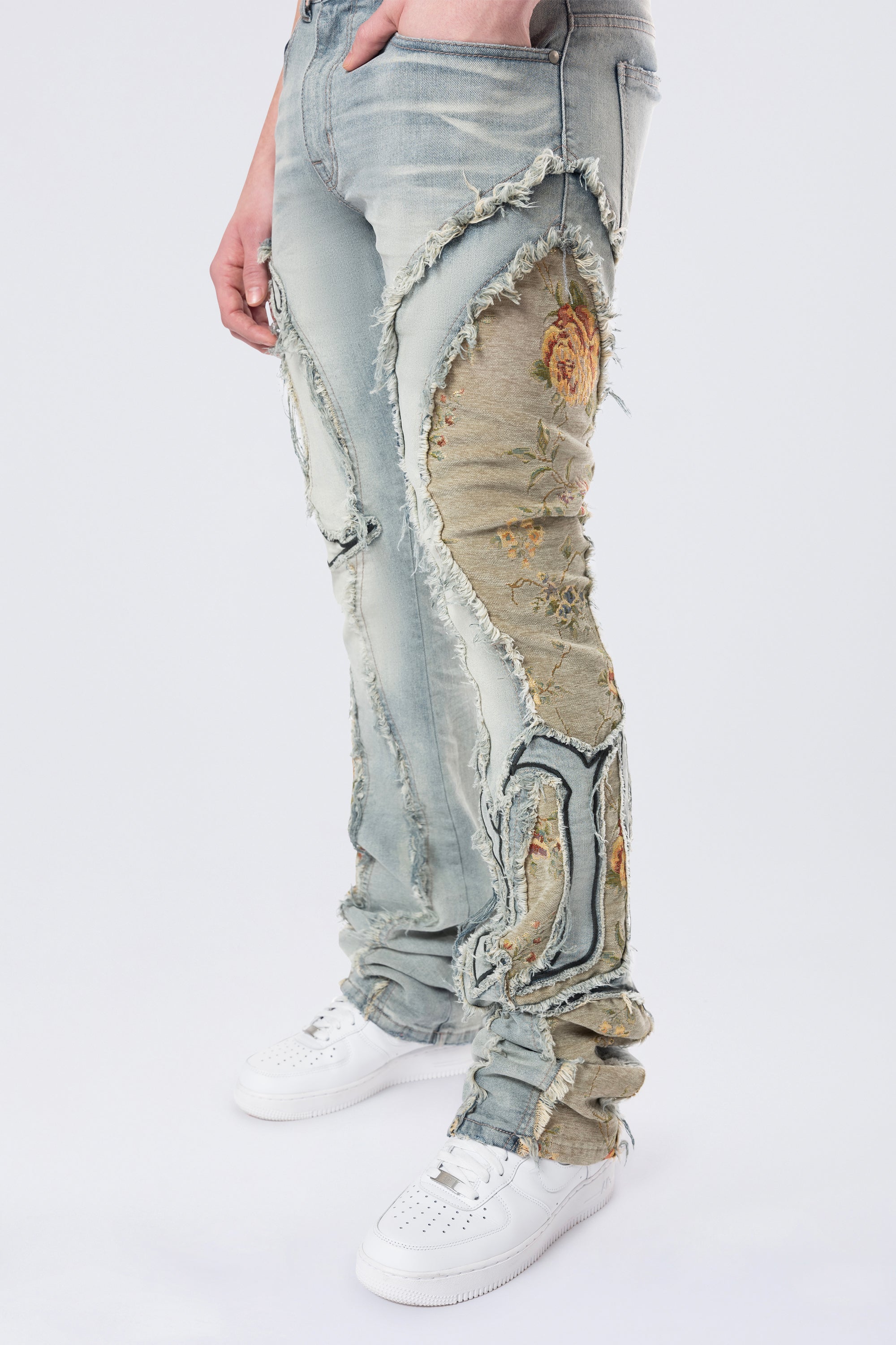 Stacked Pinched Flared Tapestry Paneled Jeans - Vanilla Blue