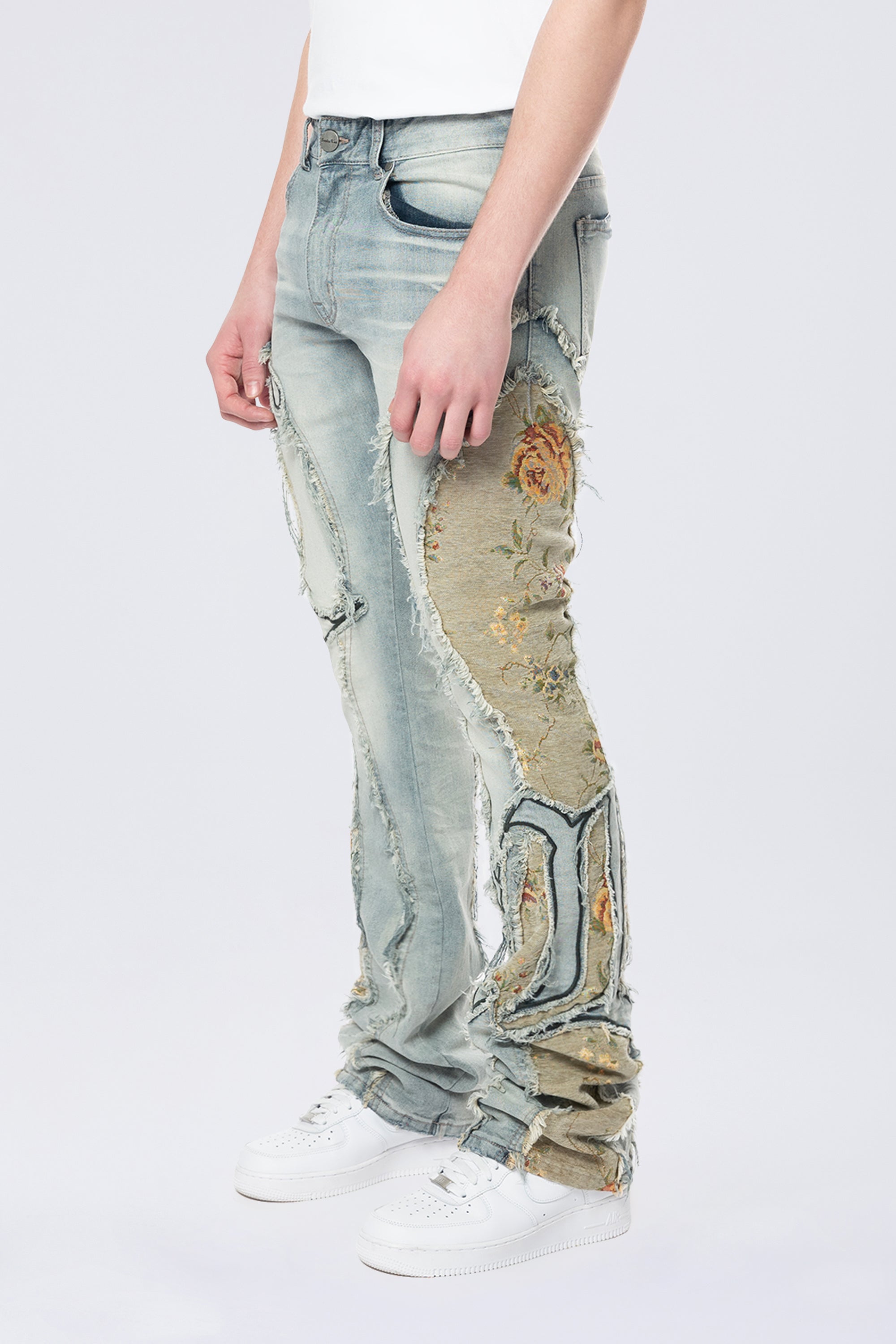 Stacked Pinched Flared Tapestry Paneled Jeans - Vanilla Blue