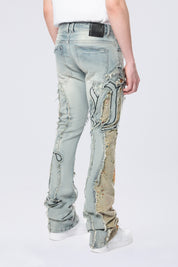 Stacked Pinched Flared Tapestry Paneled Jeans - Vanilla Blue