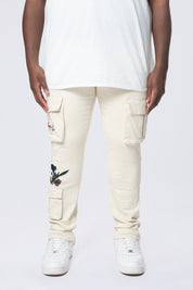 Big and Tall - Embroidered Cargo Twill Pants - Ecru