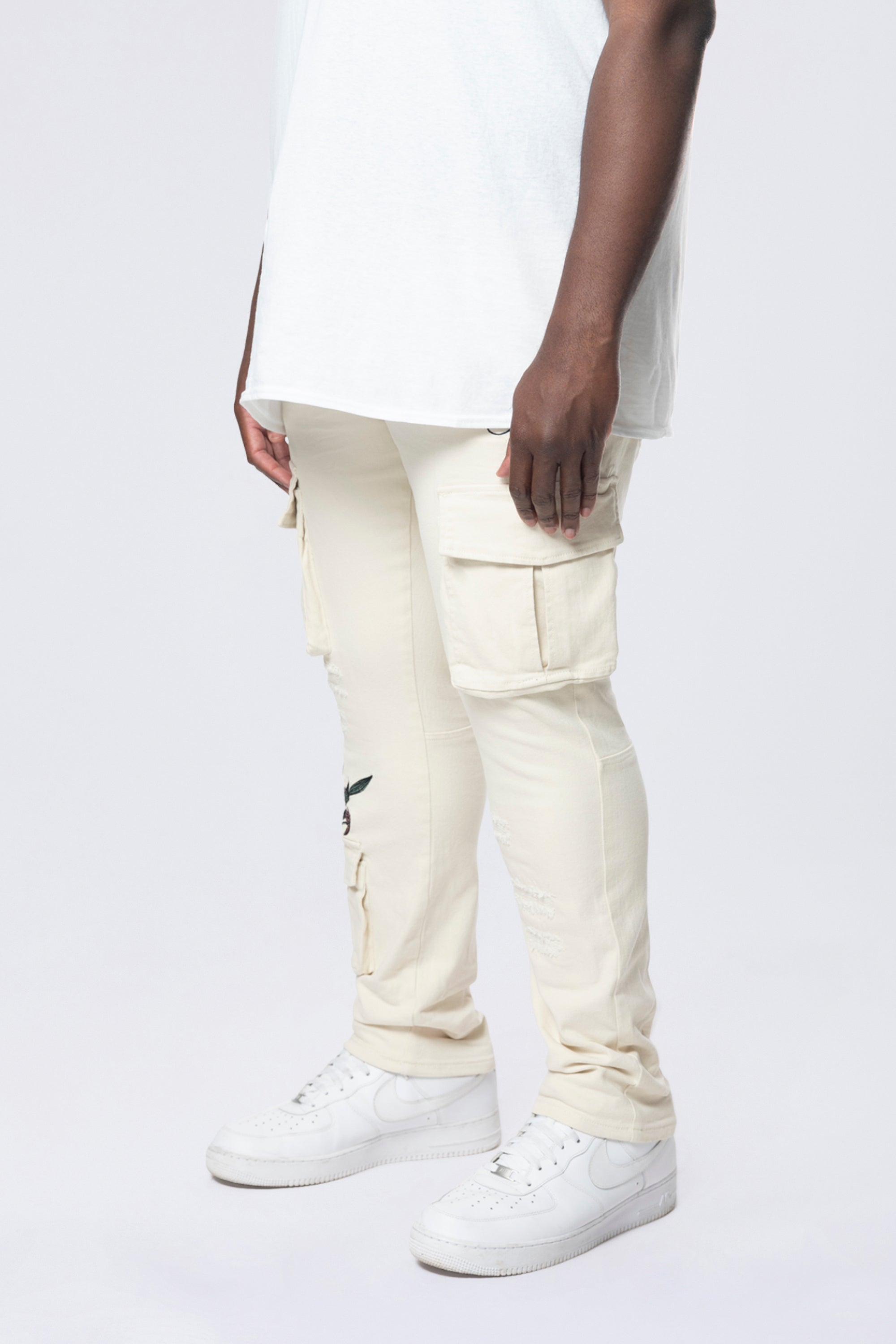 Big and Tall - Embroidered Cargo Twill Pants - Ecru