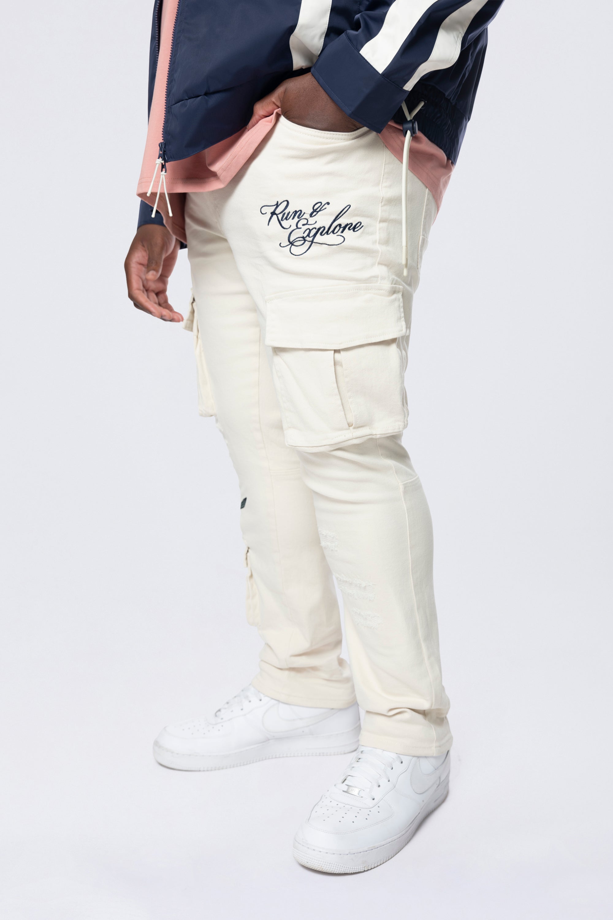 Big and Tall - Embroidered Cargo Twill Pants - Ecru