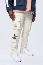 Big and Tall - Embroidered Cargo Twill Pants - Ecru