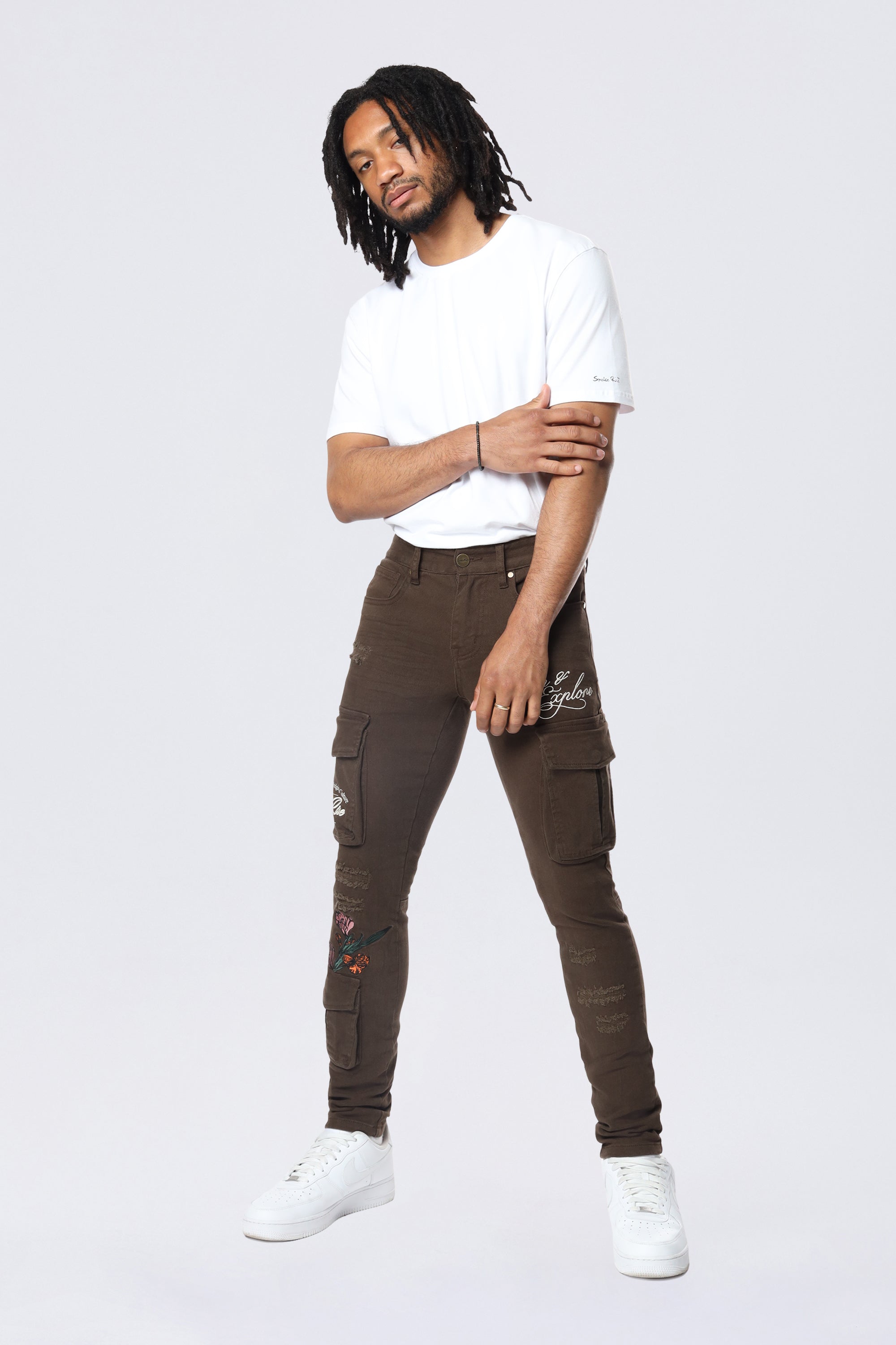 Slim Tapered Embroidered Cargo Twill Pants - Bison