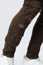 Slim Tapered Embroidered Cargo Twill Pants - Bison