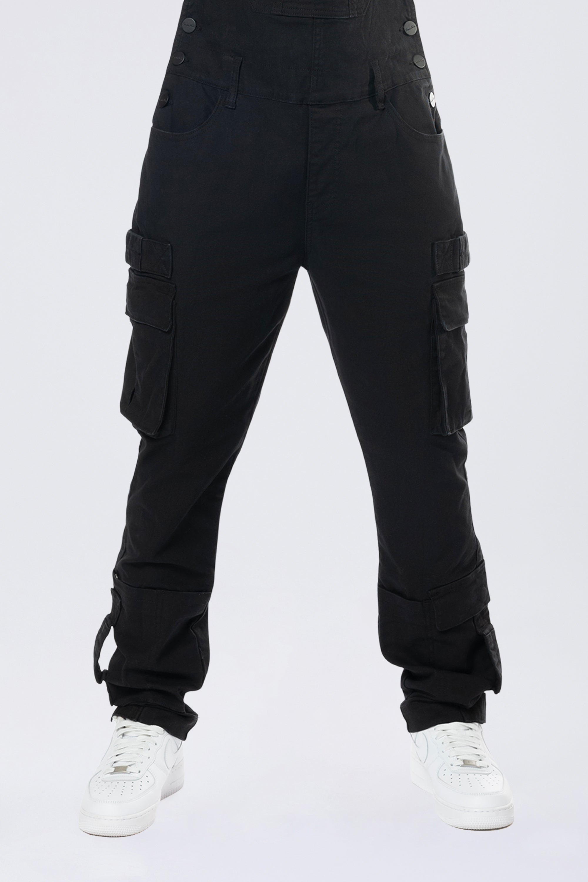 Tapered Cargo Strap Canvas Overalls - Black