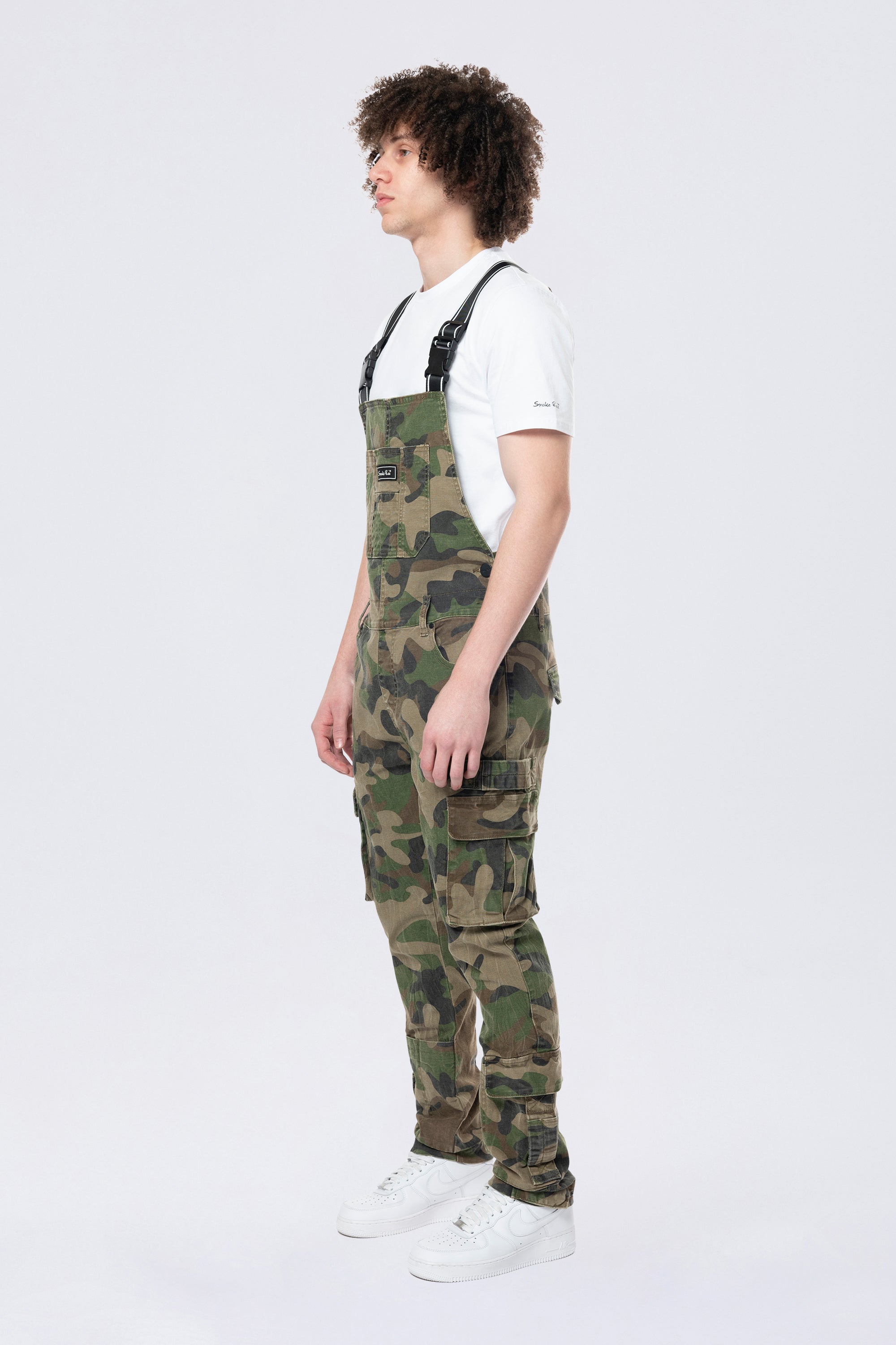 Tapered Cargo Strap Canvas Overalls - Wood Camo