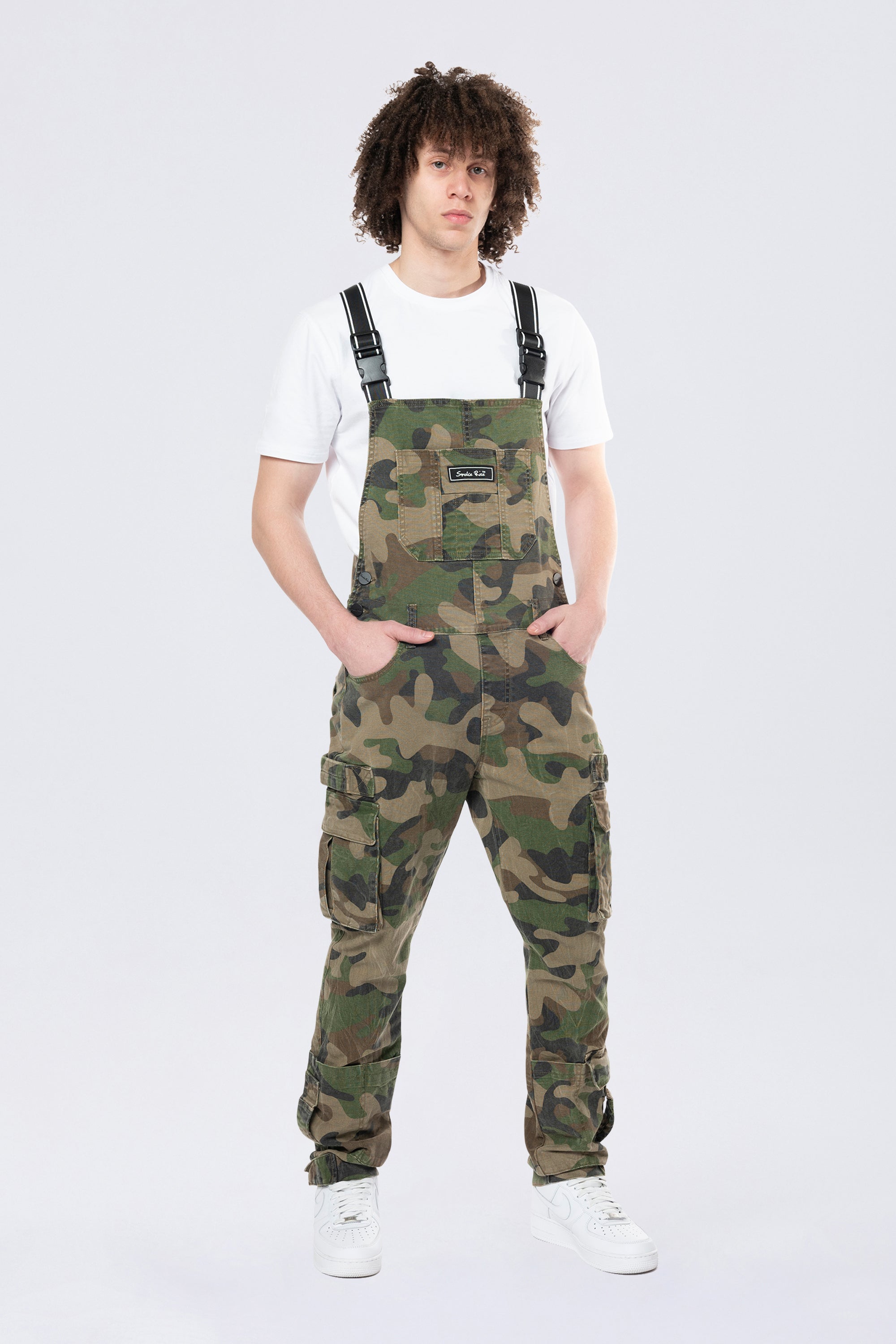 Tapered Cargo Strap Canvas Overalls - Wood Camo