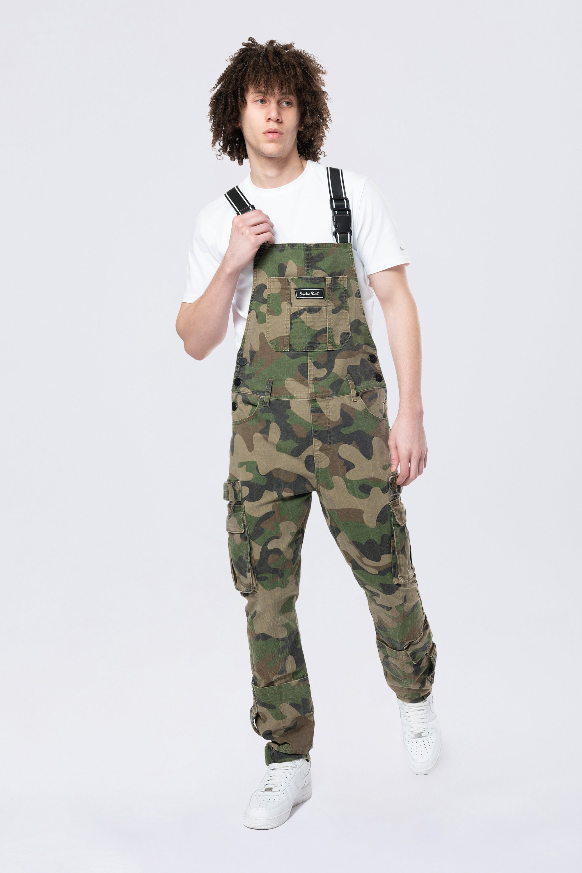 Tapered Cargo Strap Canvas Overalls - Wood Camo