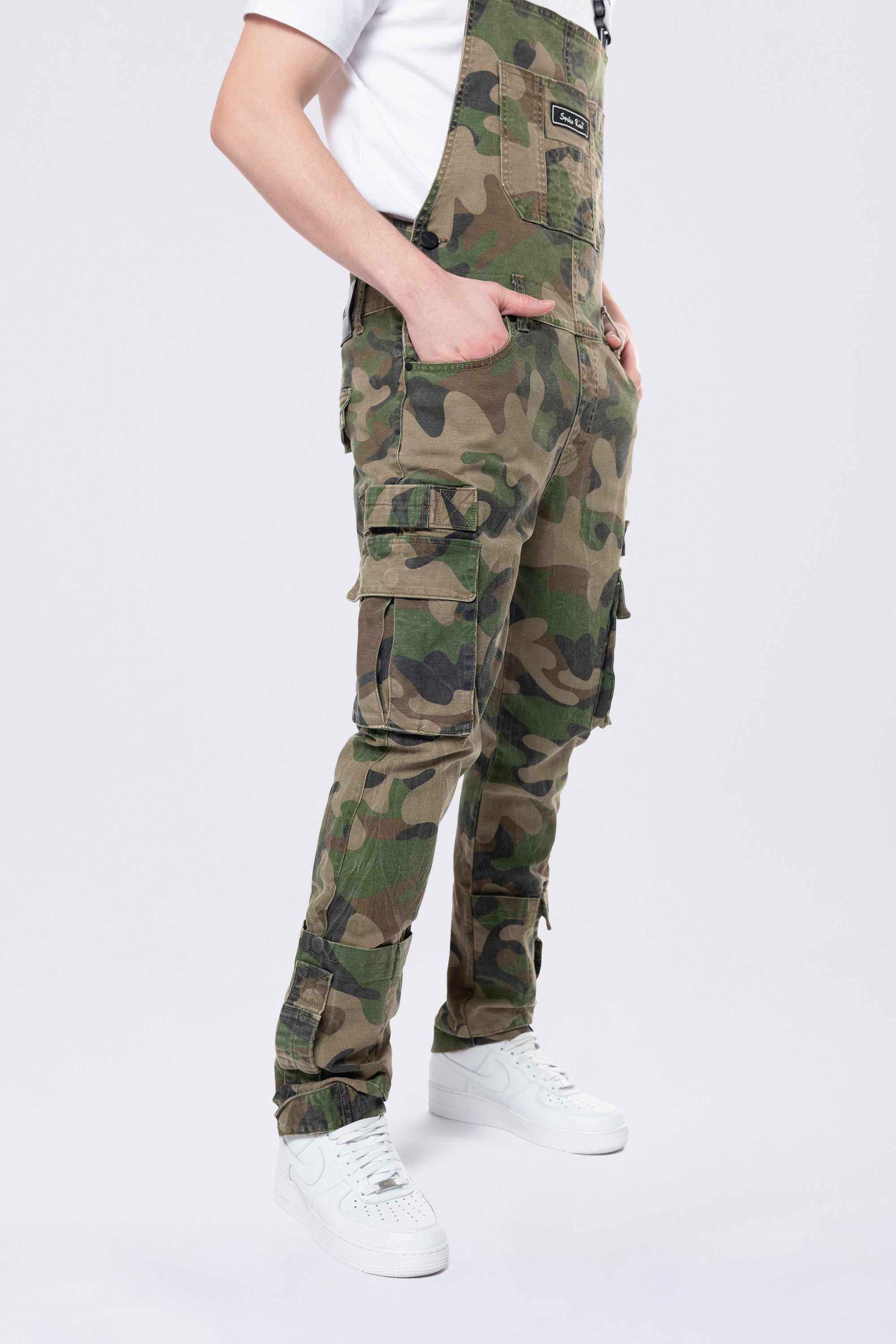 Tapered Cargo Strap Canvas Overalls - Wood Camo