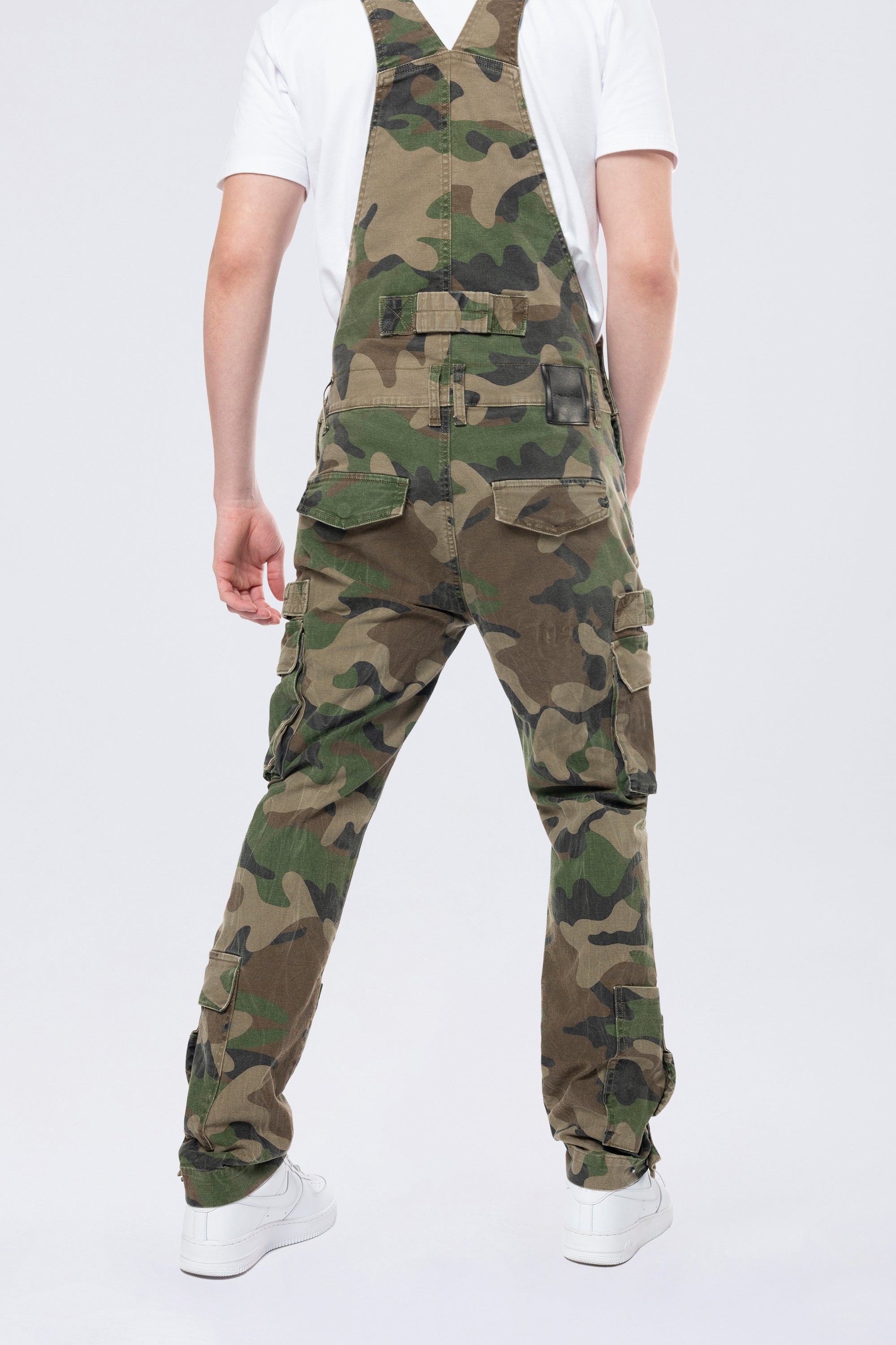 Tapered Cargo Strap Canvas Overalls - Wood Camo