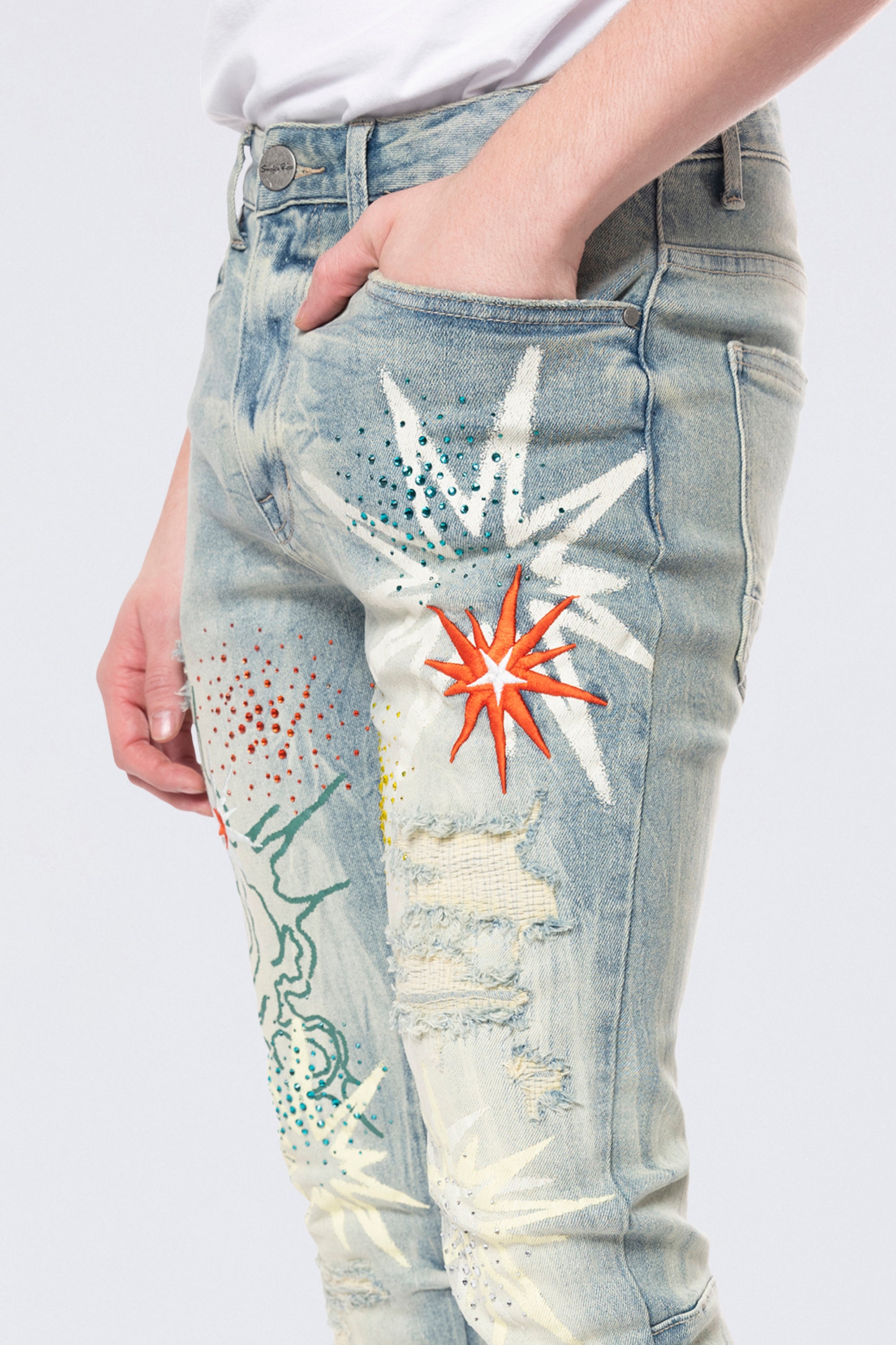 Stacked Flared Pinched Rhinestone Jean - Seville Blue