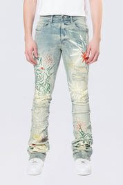 Stacked Flared Pinched Rhinestone Jean - Seville Blue