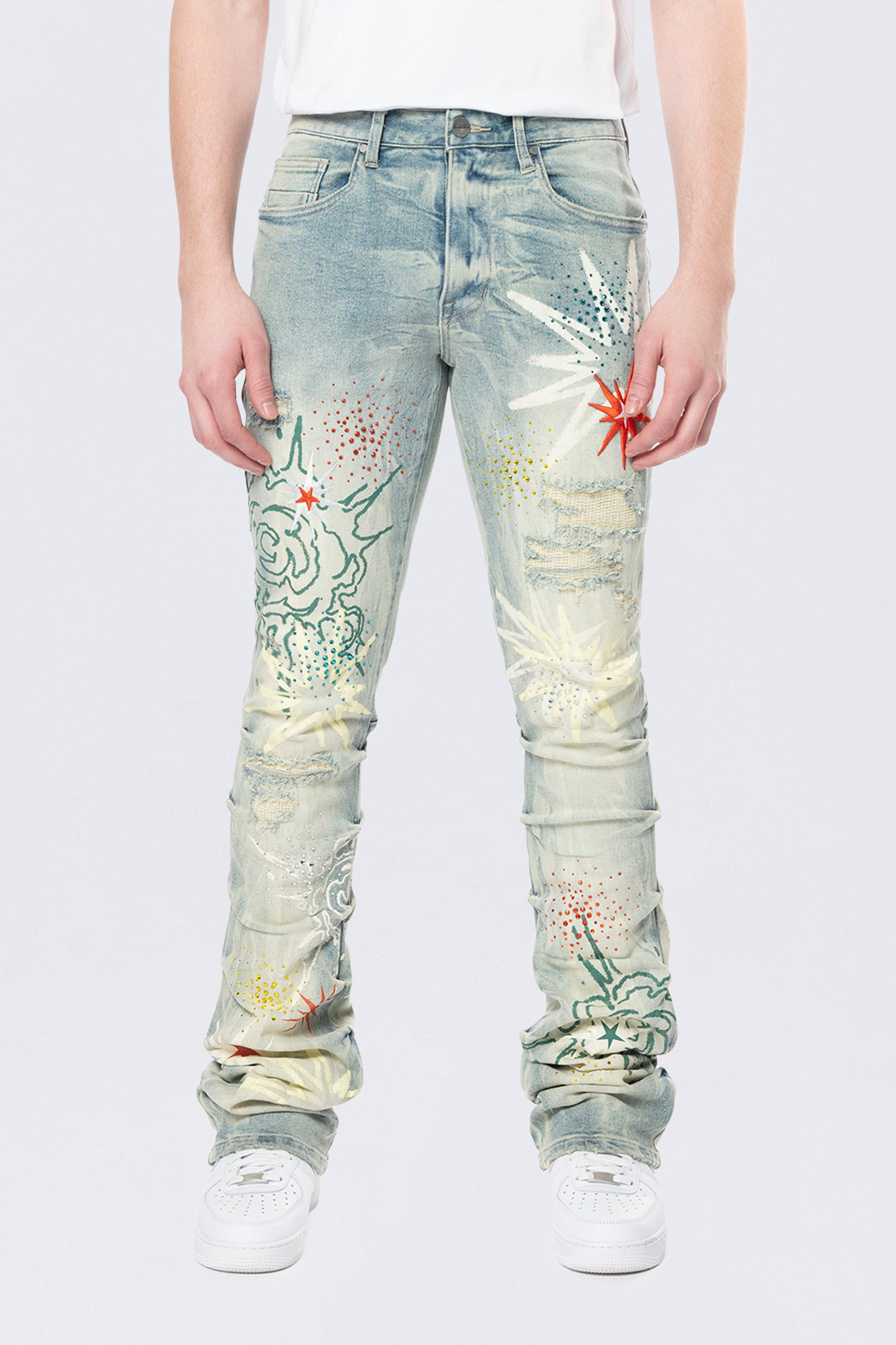 Stacked Flared Pinched Rhinestone Jean - Seville Blue