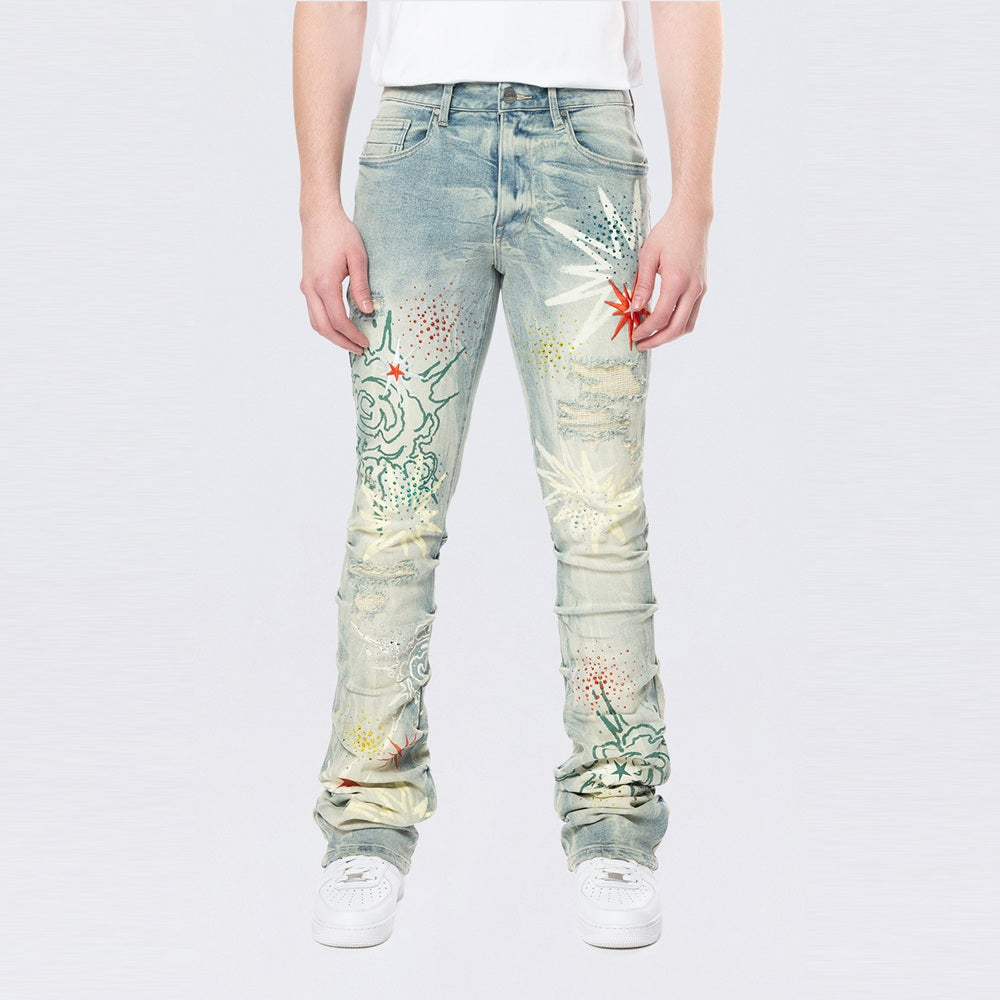 Smoke Rise Stacked Flared Pinched Rhinestone Jean - Seville Blue