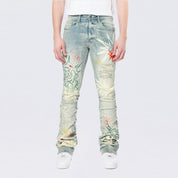Smoke Rise Stacked Flared Pinched Rhinestone Jean - Seville Blue