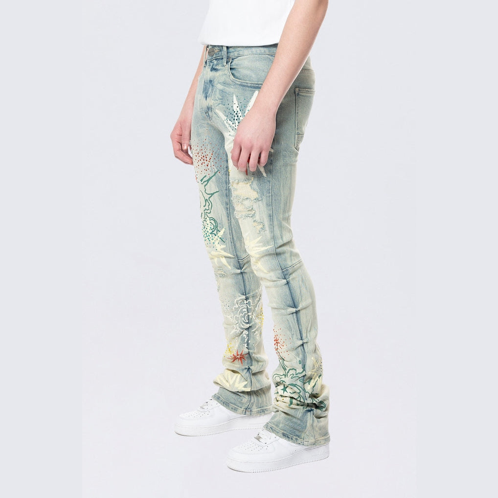 Smoke Rise Stacked Flared Pinched Rhinestone Jean - Seville Blue
