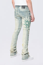 Stacked Flared Pinched Rhinestone Jean - Seville Blue