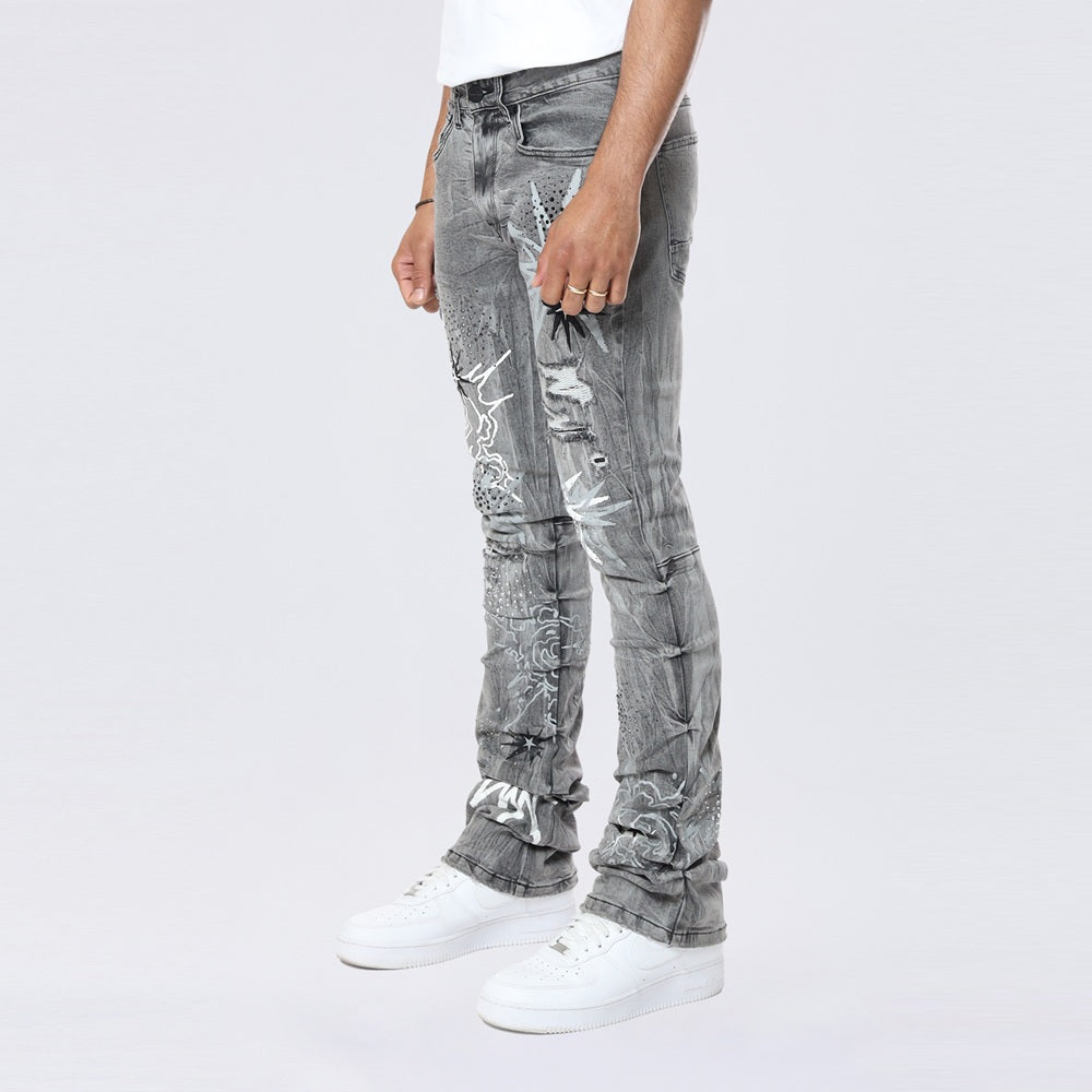 Smoke Rise Stacked Flared Pinched Rhinestone Jean - Shibuya Black