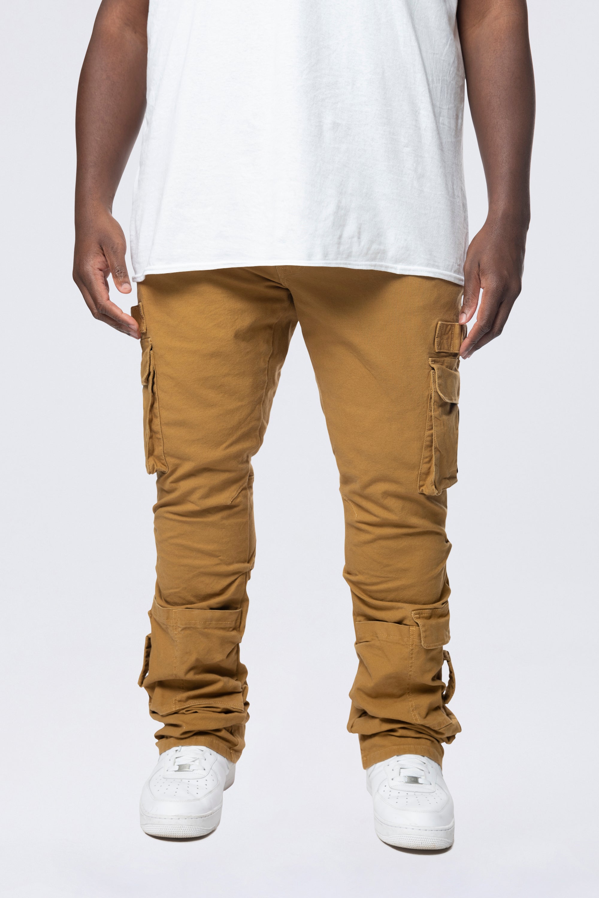 Big and Tall - Stacked Flared Cargo Strap Canvas Pants - Wheat