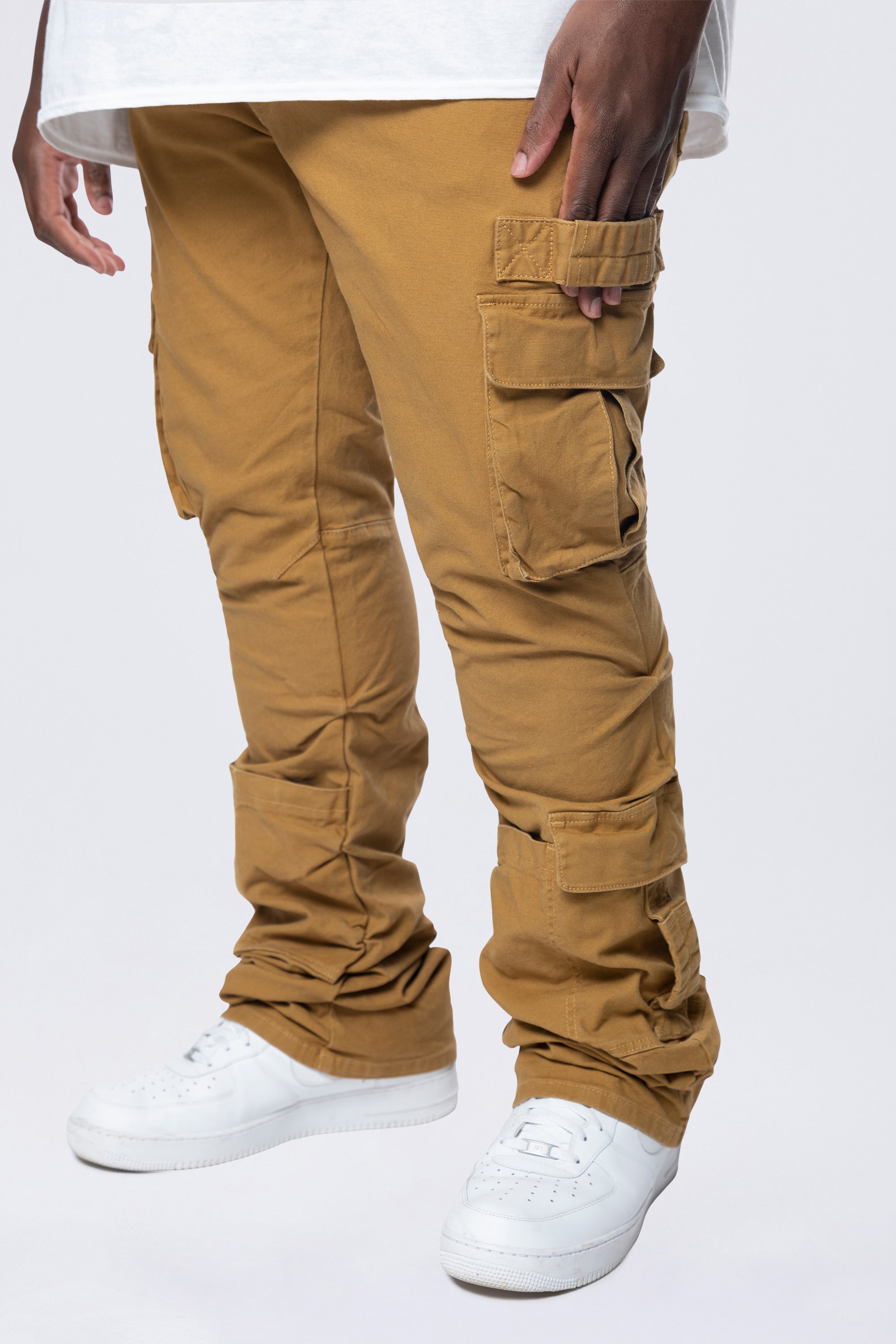 Big and Tall - Stacked Flared Cargo Strap Canvas Pants - Wheat