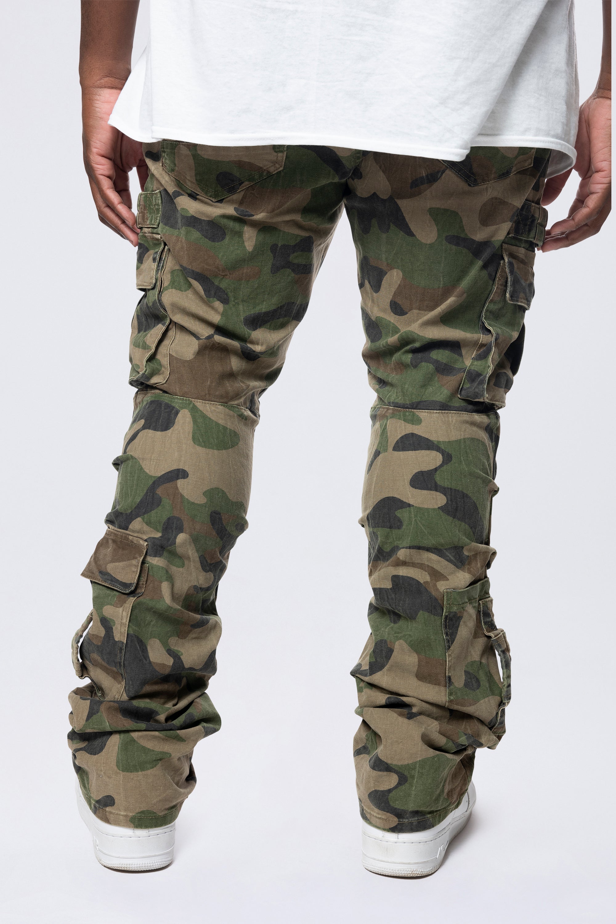 Big and Tall - Stacked Flared Cargo Strap Canvas Pants - Wood Camo