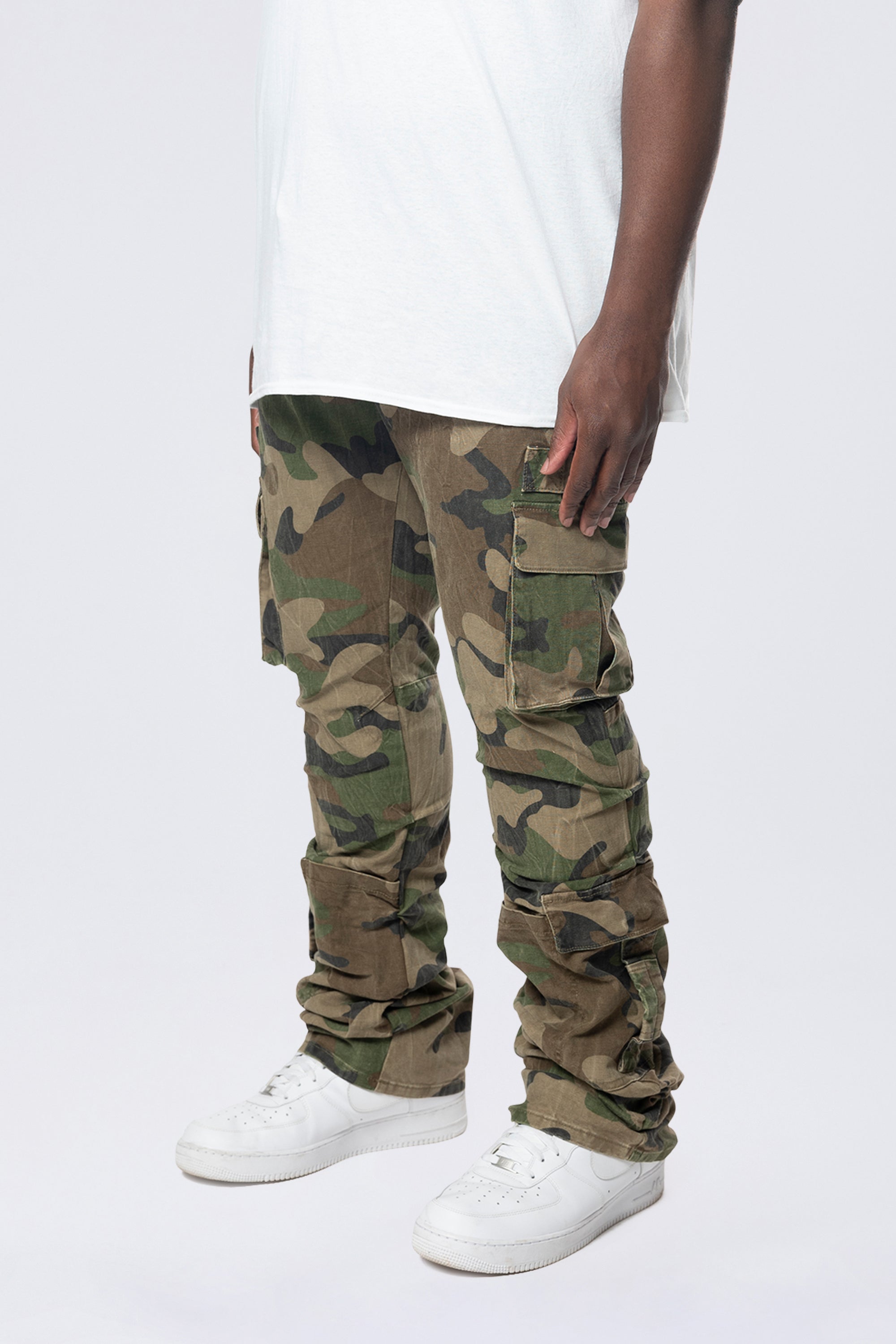 Big and Tall - Stacked Flared Cargo Strap Canvas Pants - Wood Camo