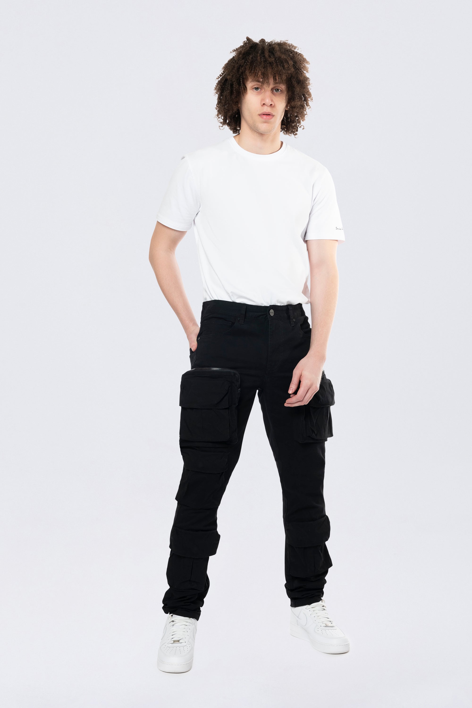 Long Slim 5 Pocket Cargo Twill Pants - Black