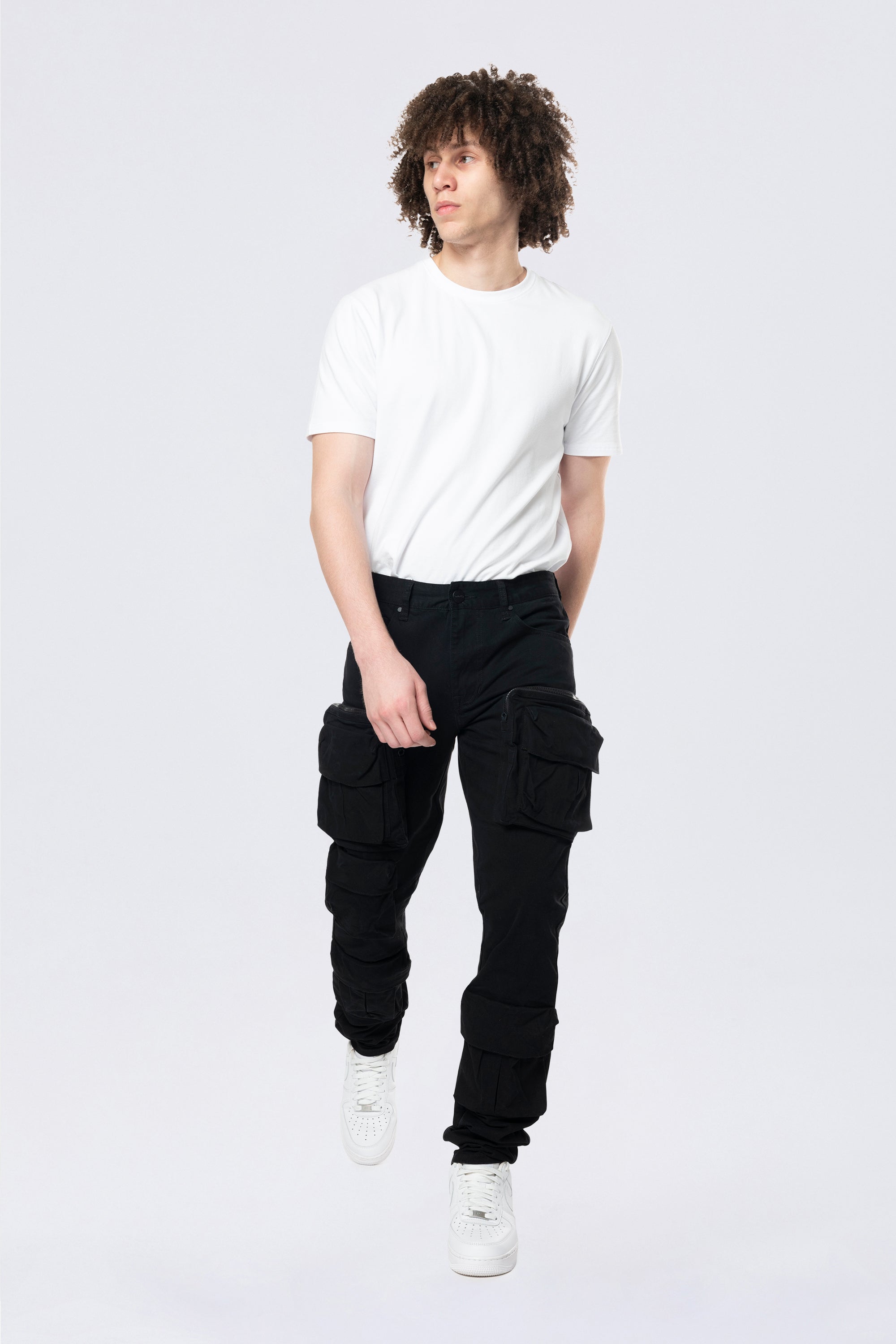 Long Slim 5 Pocket Cargo Twill Pants - Black