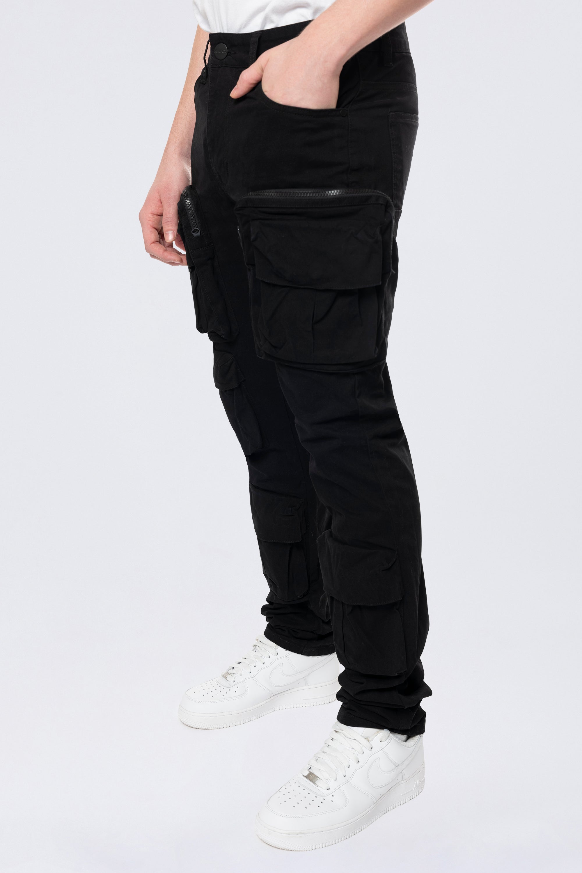 Long Slim 5 Pocket Cargo Twill Pants - Black