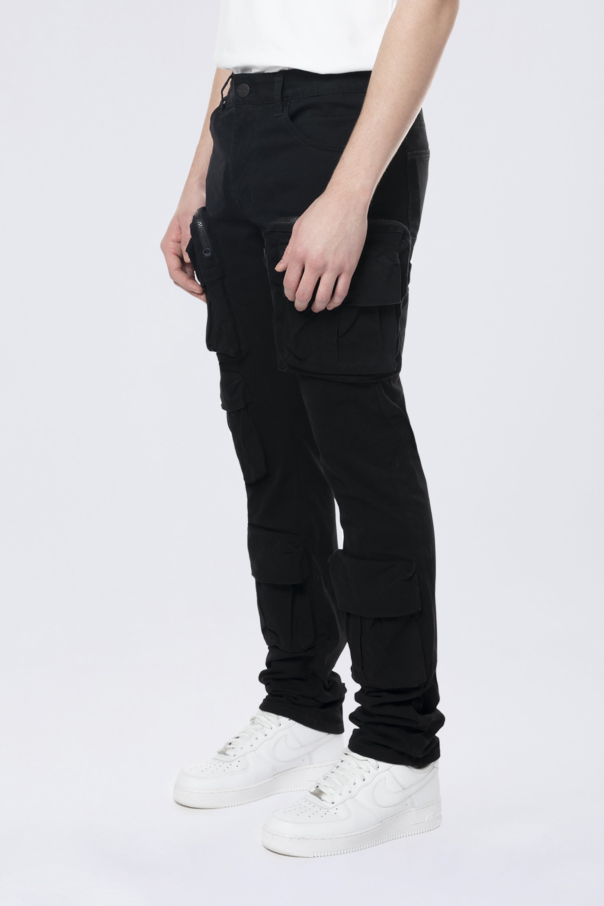 Long Slim 5 Pocket Cargo Twill Pants - Black