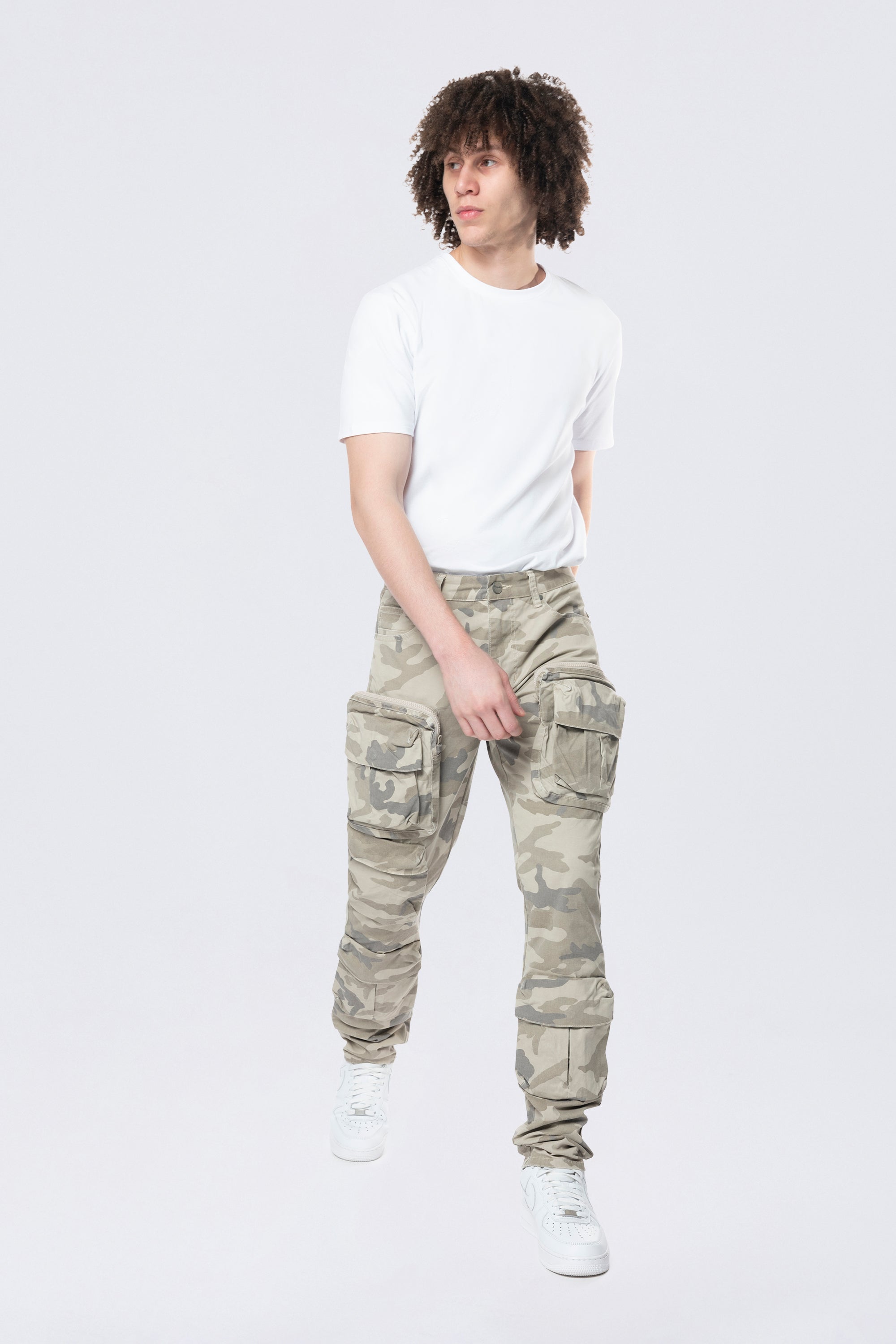 Long Slim 5 Pocket Cargo Twill Pants - Khaki Camo