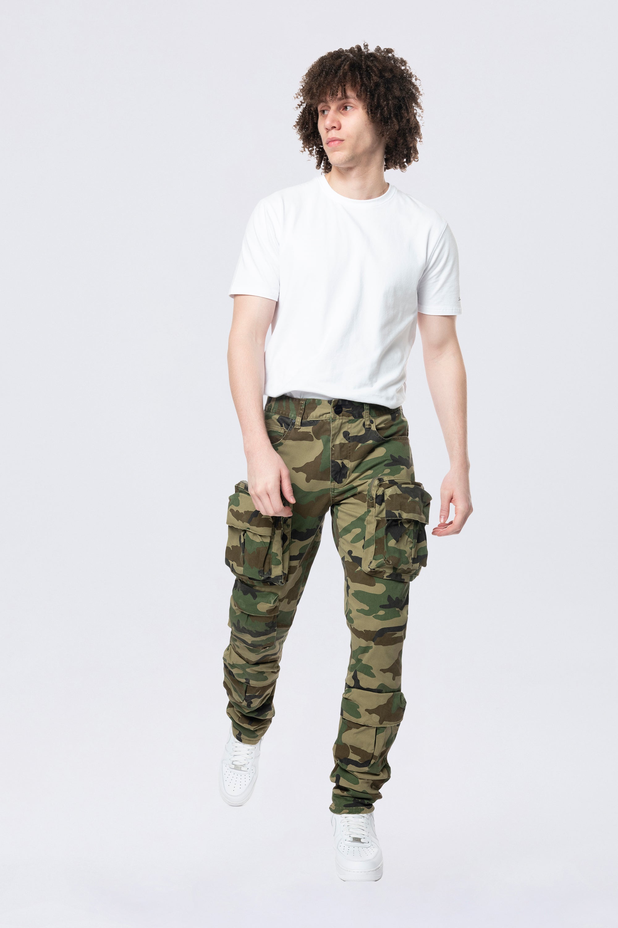 Long Slim 5 Pocket Cargo Twill Pants - Wood Camo