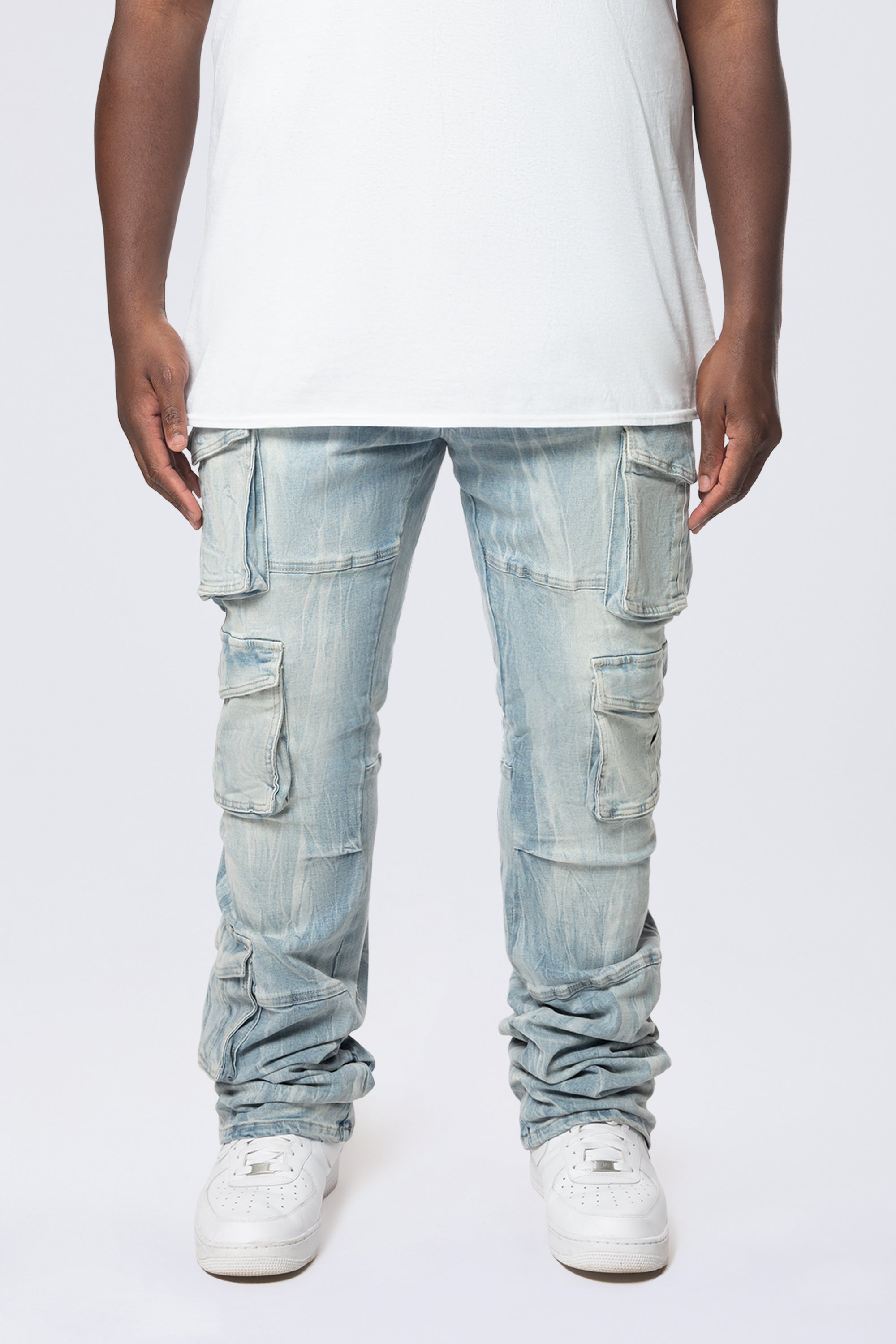 Big and Tall - Stacked Flared Multi Pocket Cargo Jeans - Syosett Blue