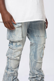 Big and Tall - Stacked Flared Multi Pocket Cargo Jeans - Syosett Blue