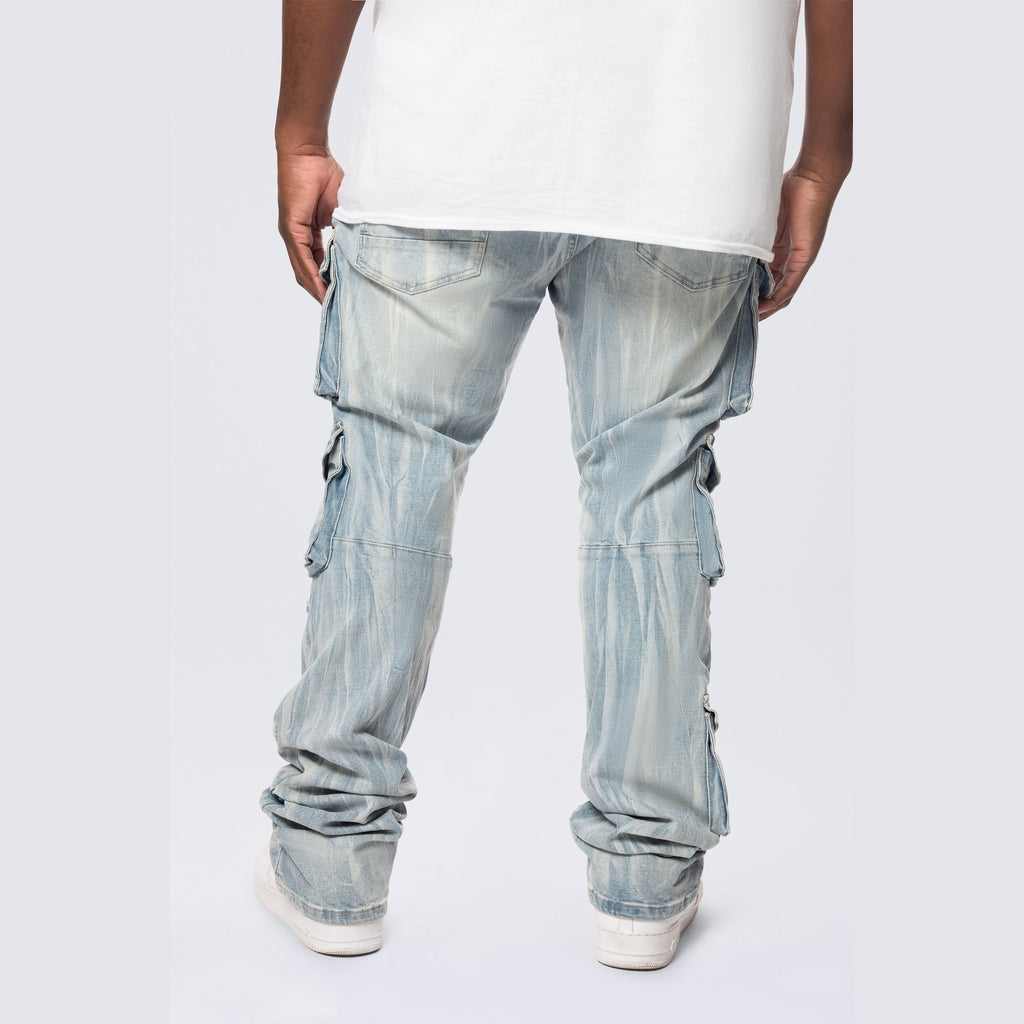 Smoke Rise Big and Tall Big and Tall - Stacked Flared Multi Pocket Cargo Jeans - Syosett Blue