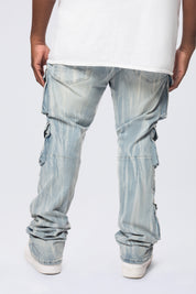 Big and Tall - Stacked Flared Multi Pocket Cargo Jeans - Syosett Blue