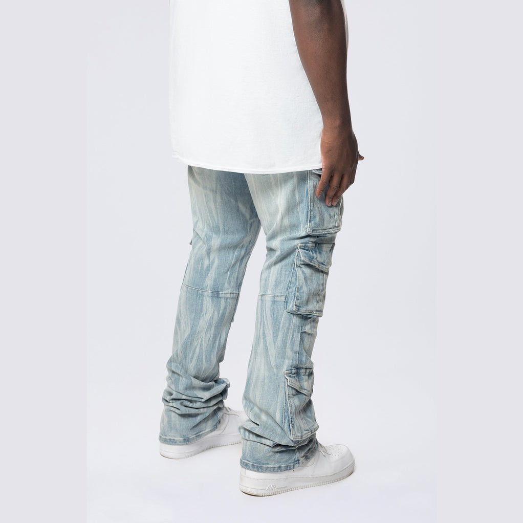 Smoke Rise Big and Tall Big and Tall - Stacked Flared Multi Pocket Cargo Jeans - Syosett Blue