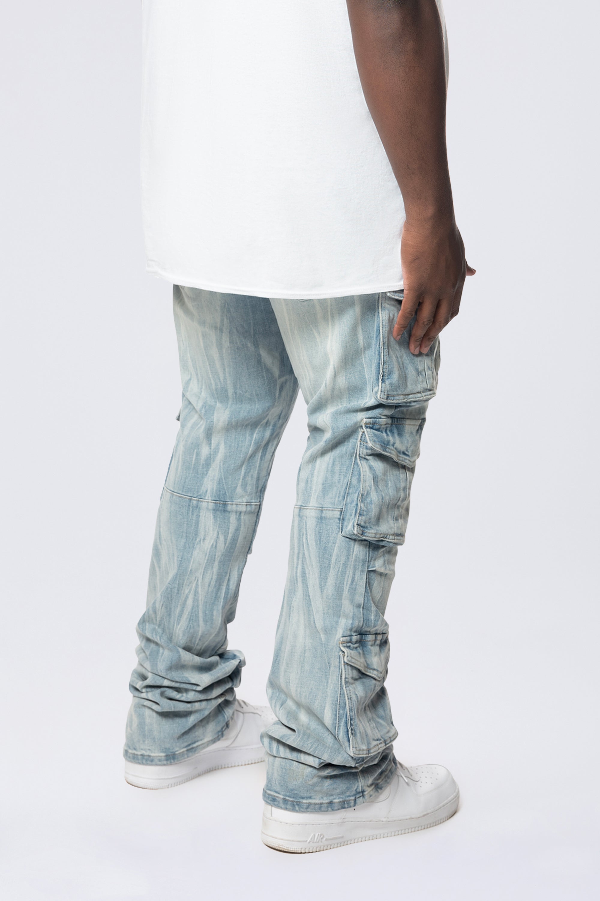 Big and Tall - Stacked Flared Multi Pocket Cargo Jeans - Syosett Blue