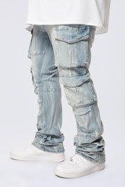 Big and Tall - Stacked Flared Multi Pocket Cargo Jeans - Syosett Blue