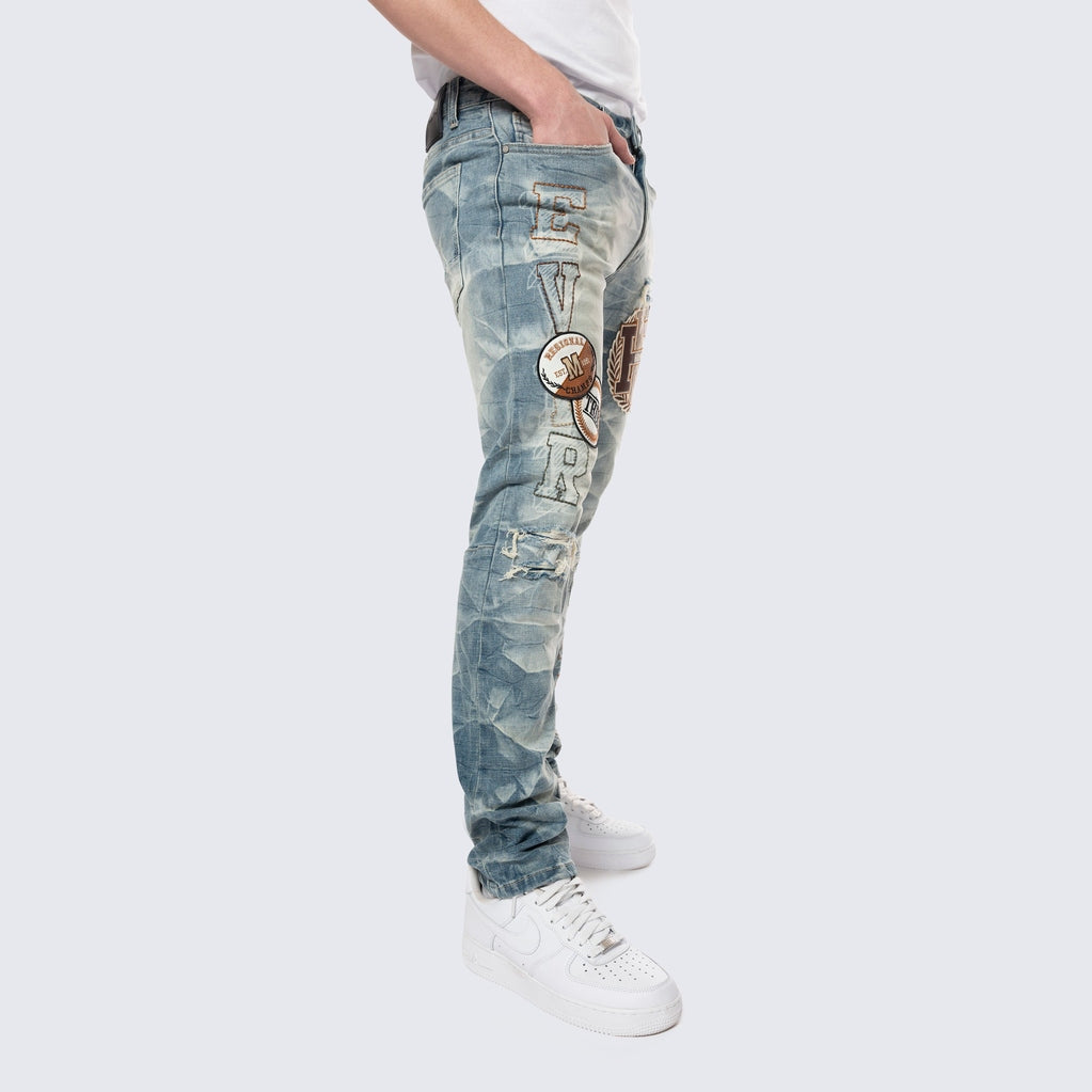 Smoke Rise Slim Varsity Patch Jeans - Clyde Blue