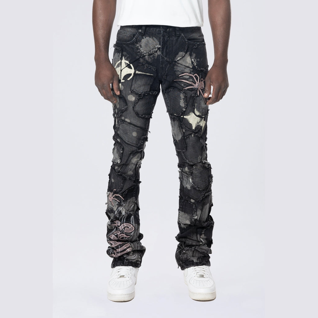 Smoke Rise Baggy Stacked Flared Patchwork Denim Jeans - Nickel Black