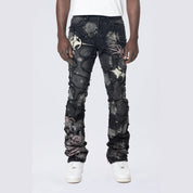 Smoke Rise Baggy Stacked Flared Patchwork Denim Jeans - Nickel Black