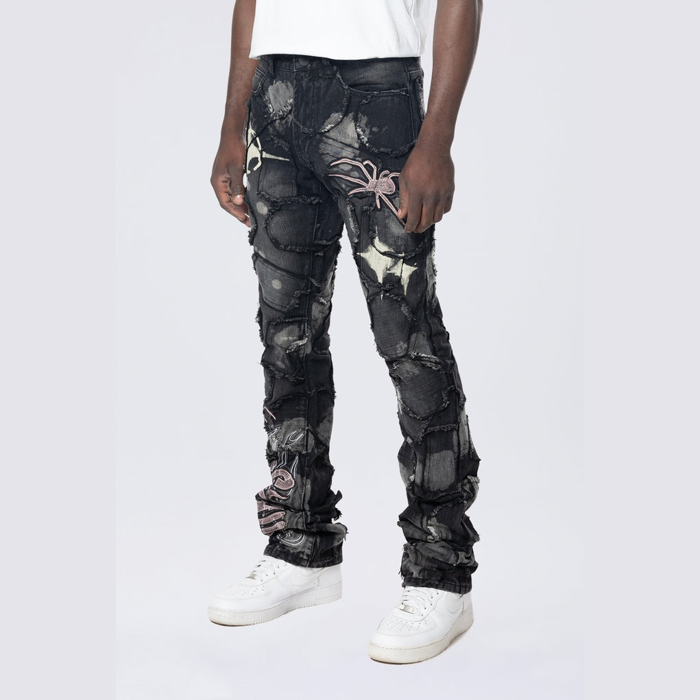 Smoke Rise Baggy Stacked Flared Patchwork Denim Jeans - Nickel Black