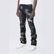 Smoke Rise Baggy Stacked Flared Patchwork Denim Jeans - Nickel Black