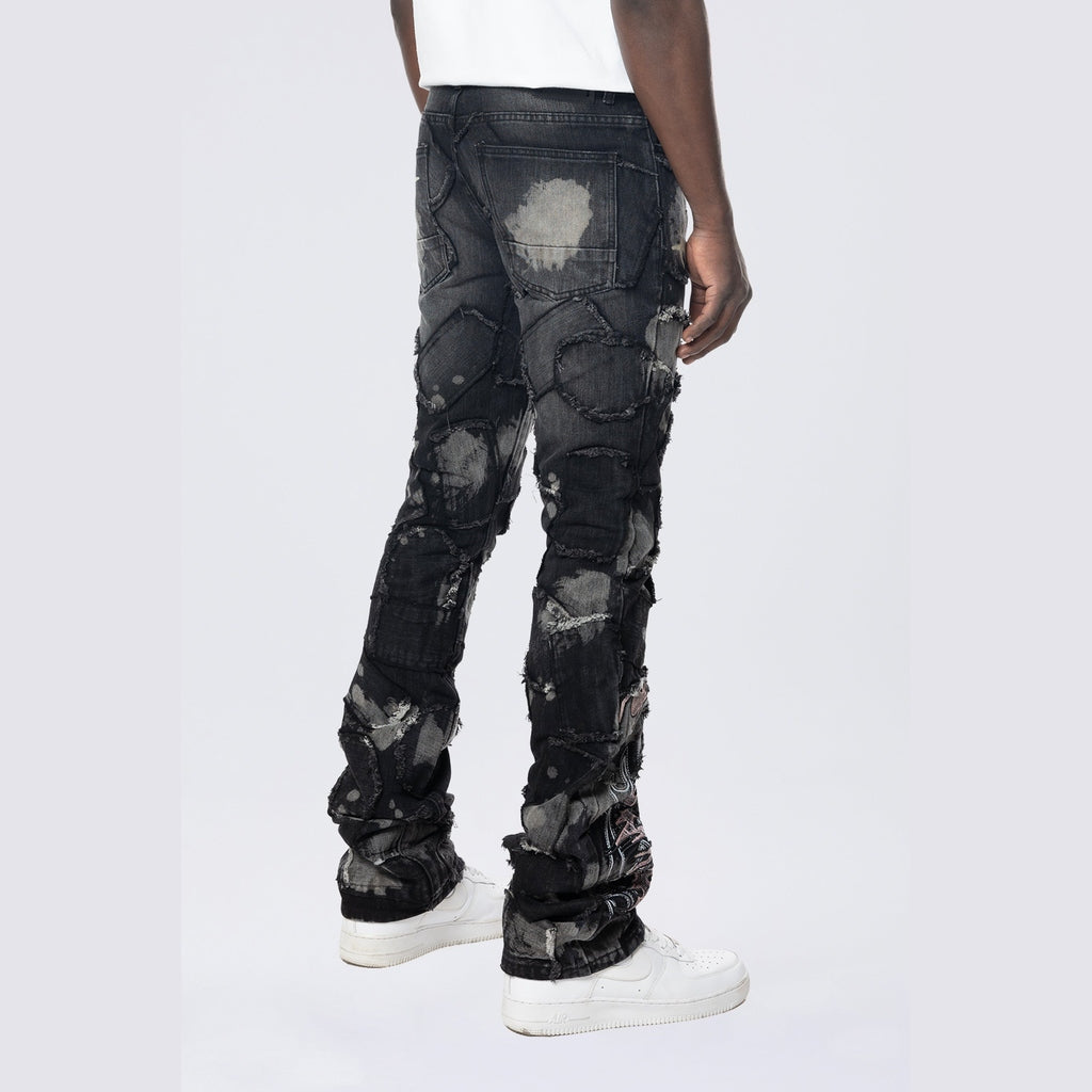 Smoke Rise Baggy Stacked Flared Patchwork Denim Jeans - Nickel Black