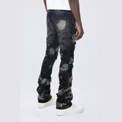 Smoke Rise Baggy Stacked Flared Patchwork Denim Jeans - Nickel Black