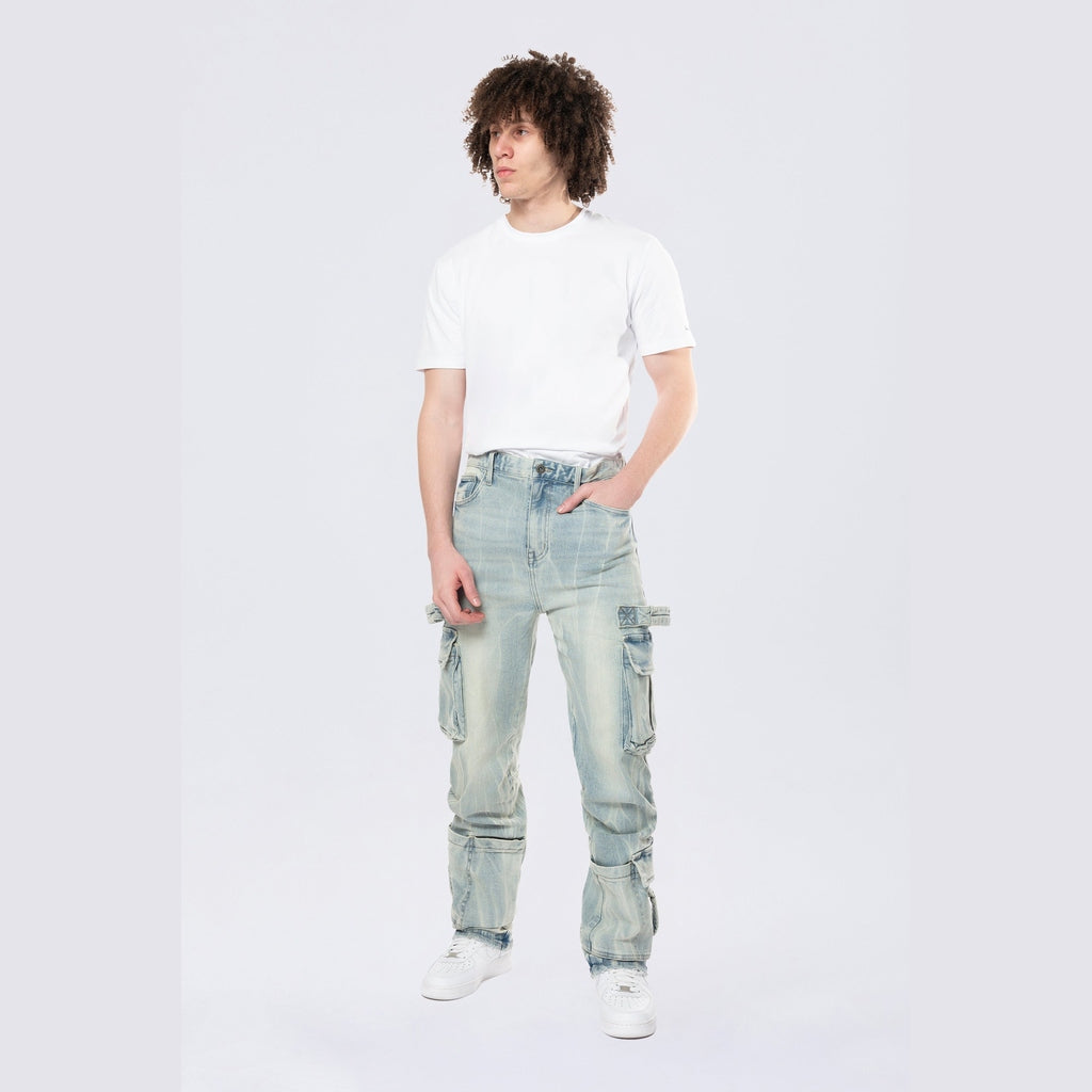 Smoke Rise Straight Cargo Strap Jeans - Seville Blue