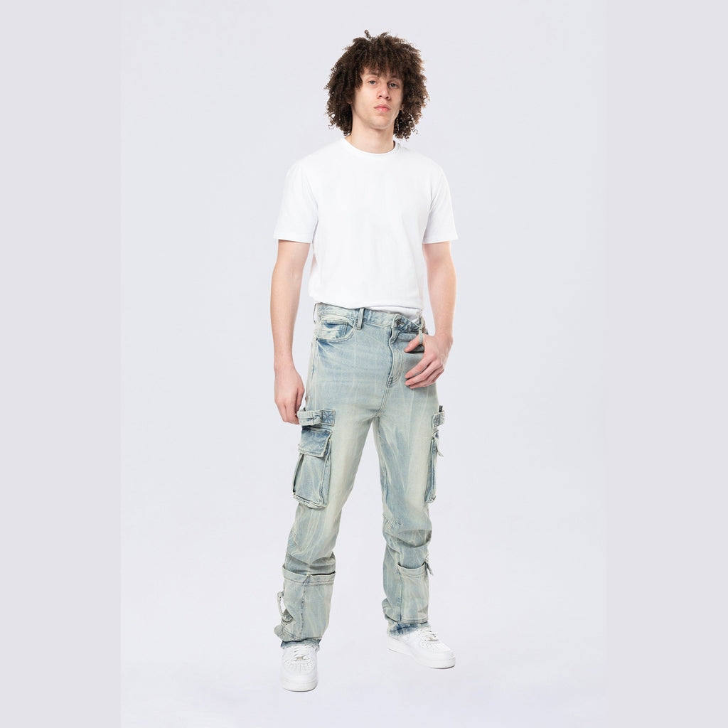 Smoke Rise Straight Cargo Strap Jeans - Seville Blue