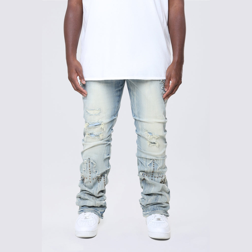 Smoke Rise Big and Tall Big and Tall - Lazy Stacked Western Studded Denim Jeans - Milky Blue